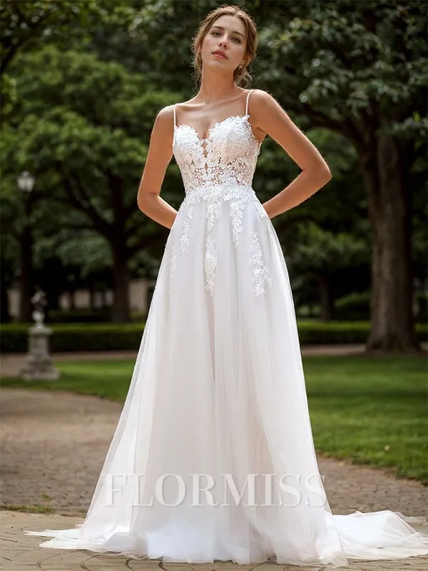 A-line Tulle Appliques Lace Spaghetti Straps Sleeveless Sweep Train Wedding Dress