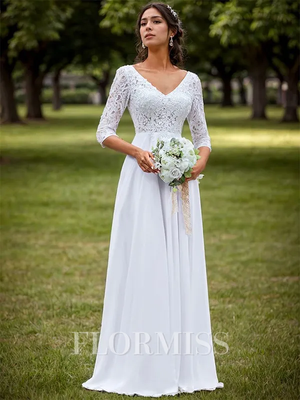 A-line Chiffon Appliques Lace V-neck 3/4 Sleeves Floor-Length Wedding Dress