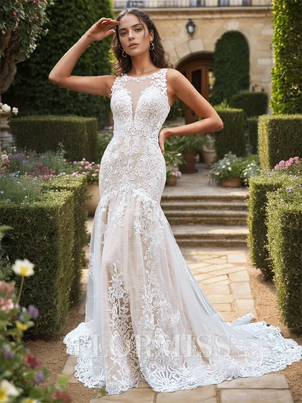 Sheath Tulle Appliques Lace Scoop Sleeveless Court Train Wedding Dress