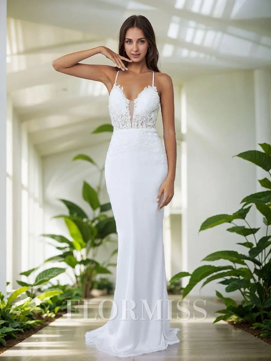 Sheath V-neck Appliques Lace Sweep Train Satin Chiffon Wedding Dress