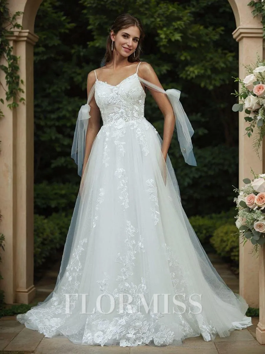 A-line Cold Shoulder Appliques Lace Chapel Train Tulle Wedding Dress