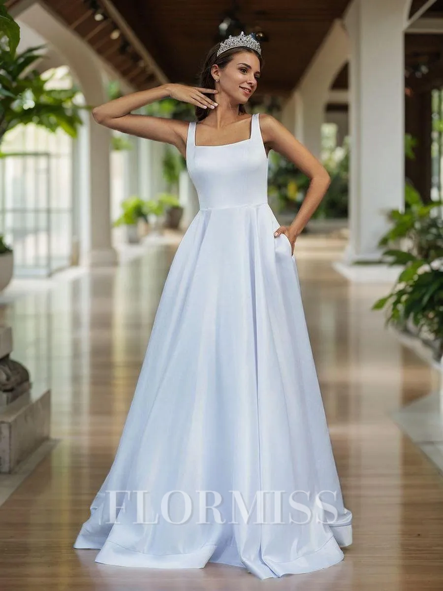 A-line Square Court Train Satin Wedding Dress