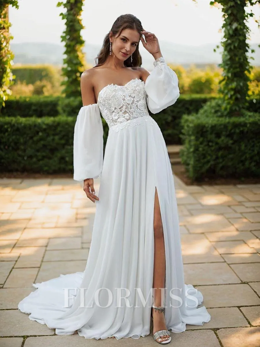 A-line Sweetheart Long Sleeves Appliques Lace Court Train Chiffon Corset Convertible Wedding Dress