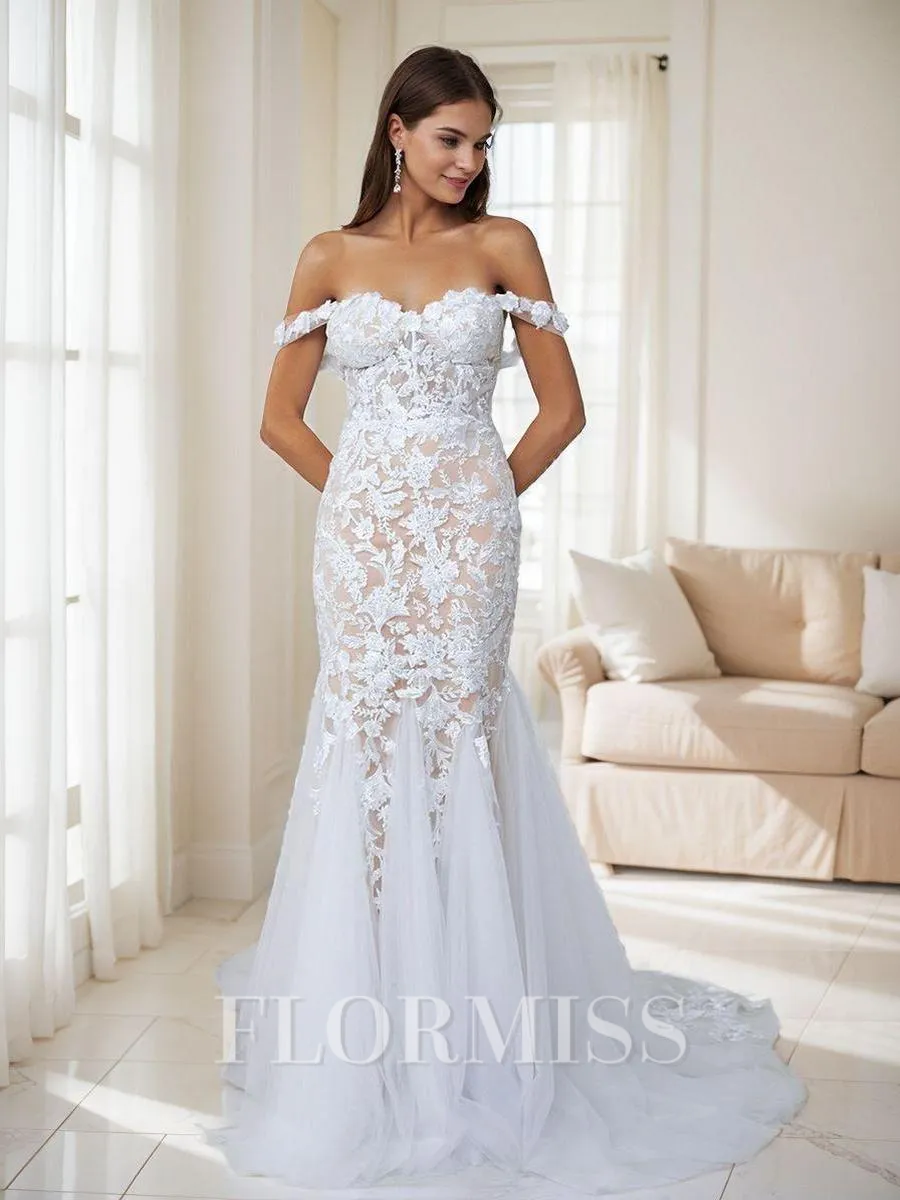 Mermaid Off-the-Shoulder Appliques Lace Cathedral Train Tulle Corset Wedding Dress