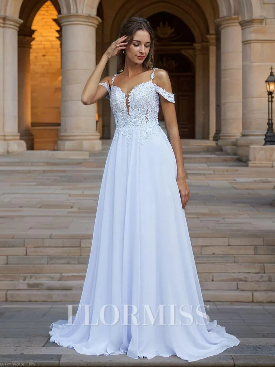 A-line Cold Shoulder Appliques Lace Sweep Train Charmeuse Wedding Dress