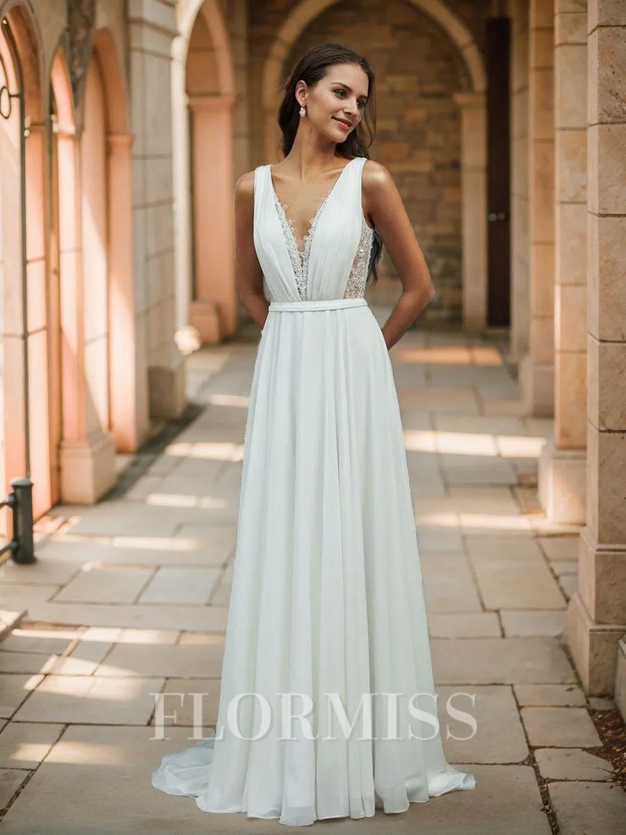 A-line V-neck Appliques Lace Sweep Train Chiffon Wedding Dress