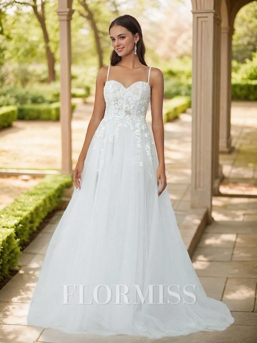 A-line Spaghetti Straps Appliques Lace Court Train Tulle Corset Wedding Dress