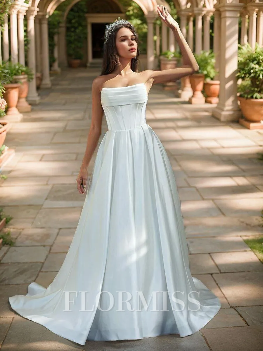 A-line Straight Pleated Sweep Train Satin Corset Wedding Dress