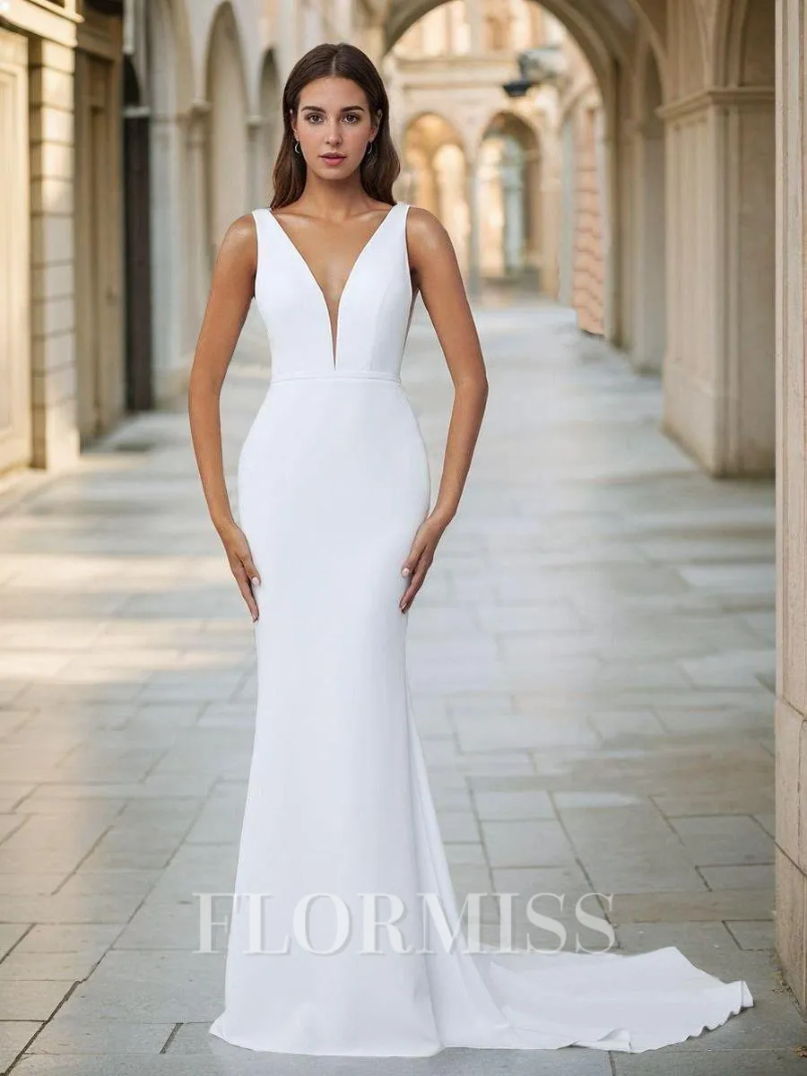 Sheath V-neck Court Train Stretch Crepe Wedding Dress