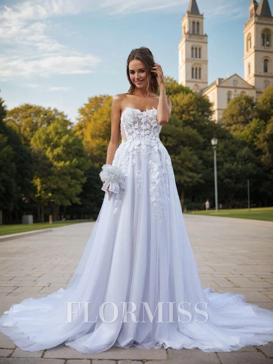 A-line Sweetheart Appliques Lace Cathedral Train Tulle Corset Wedding Dress
