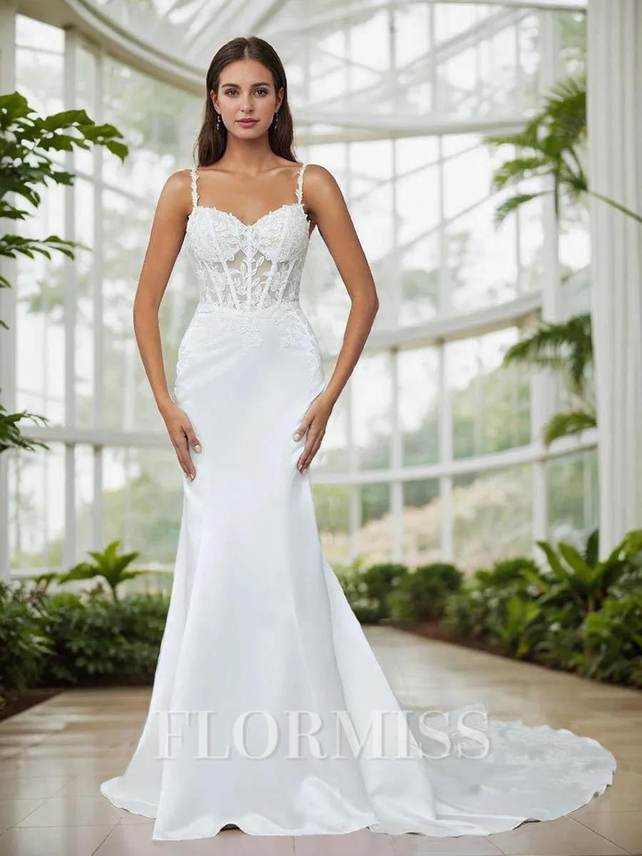 Mermaid Spaghetti Straps Appliques Lace Chapel Train Satin Corset Wedding Dress