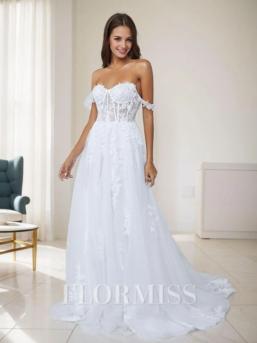 A-line Off-the-Shoulder Appliques Lace Cathedral Train Tulle Corset Wedding Dress