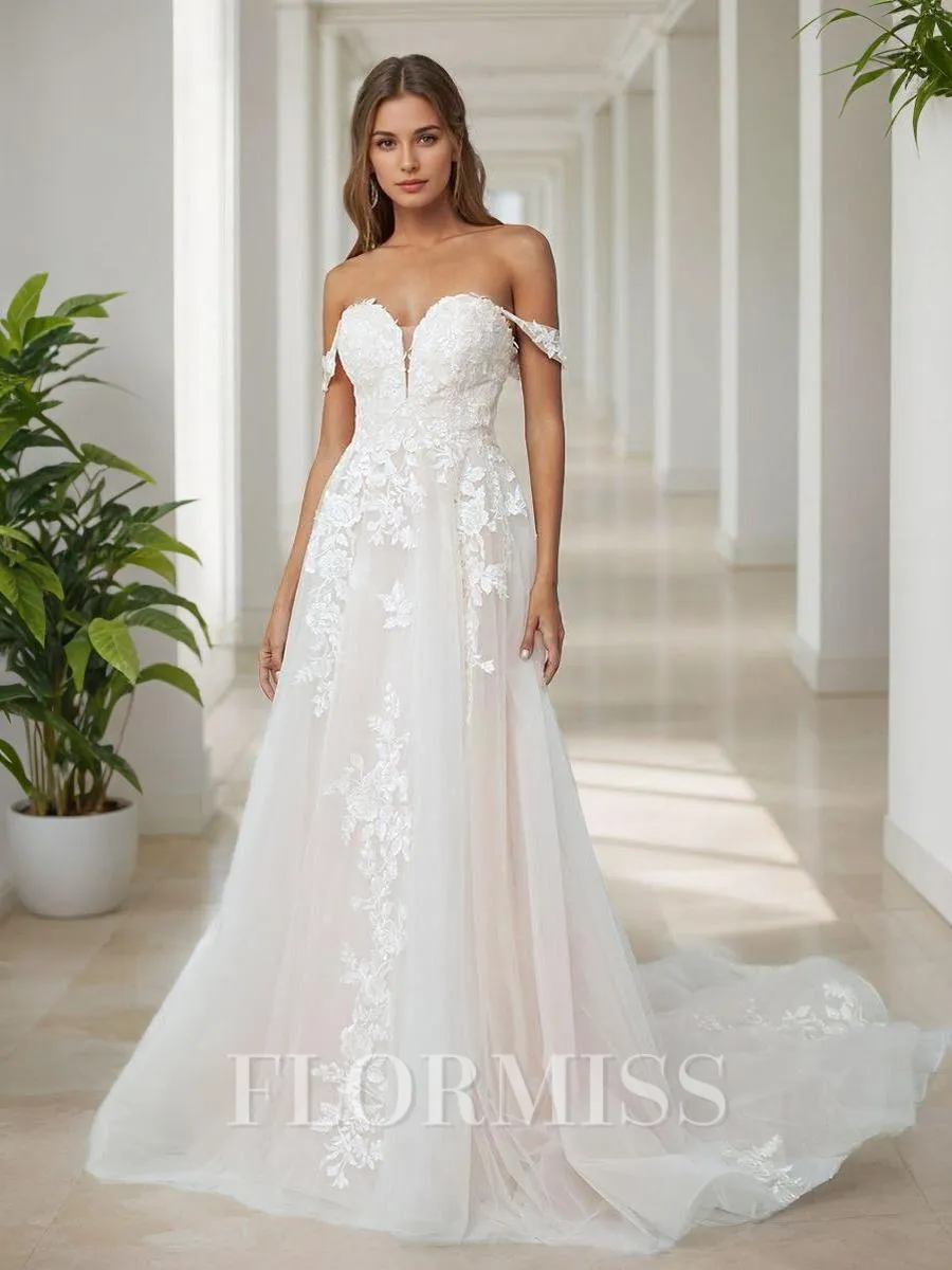 A-line Off-the-Shoulder Appliques Lace Cathedral Train Tulle Wedding Dress