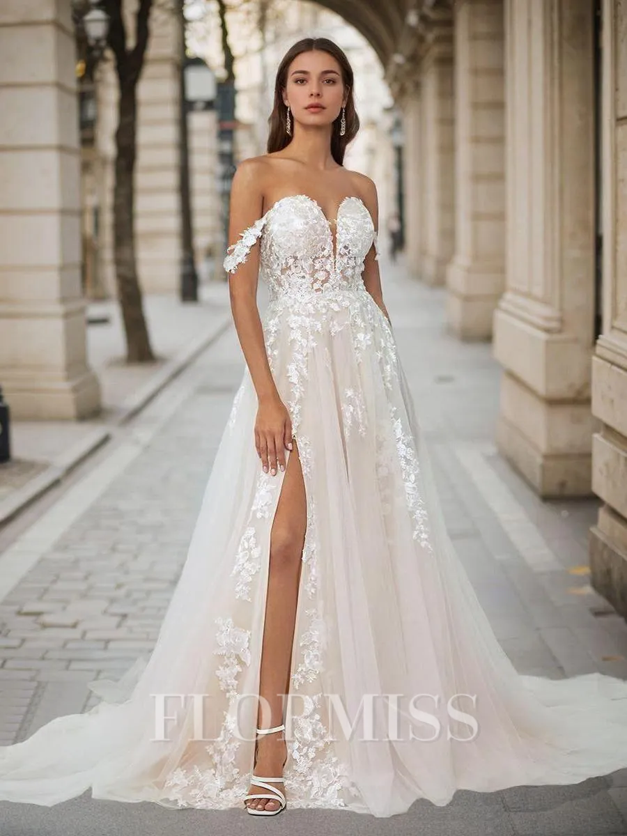 A-line Off-the-Shoulder Appliques Lace Chapel Train Tulle Wedding Dress