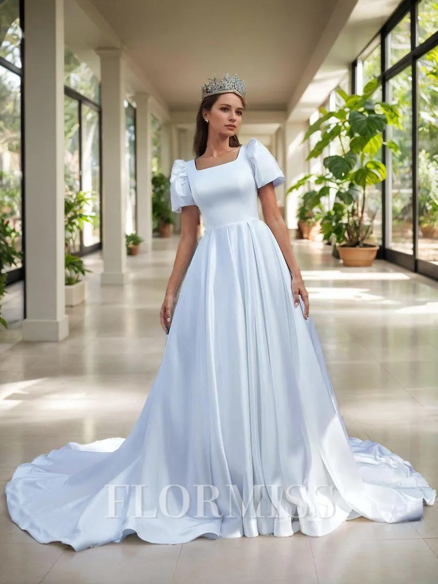 Ball Gown Square Short Sleeves Chapel Train Charmeuse Wedding Dress