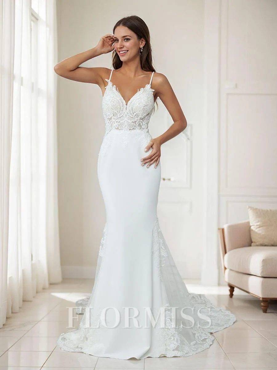 Sheath V-neck Appliques Lace Cathedral Train Stretch Crepe Wedding Dress