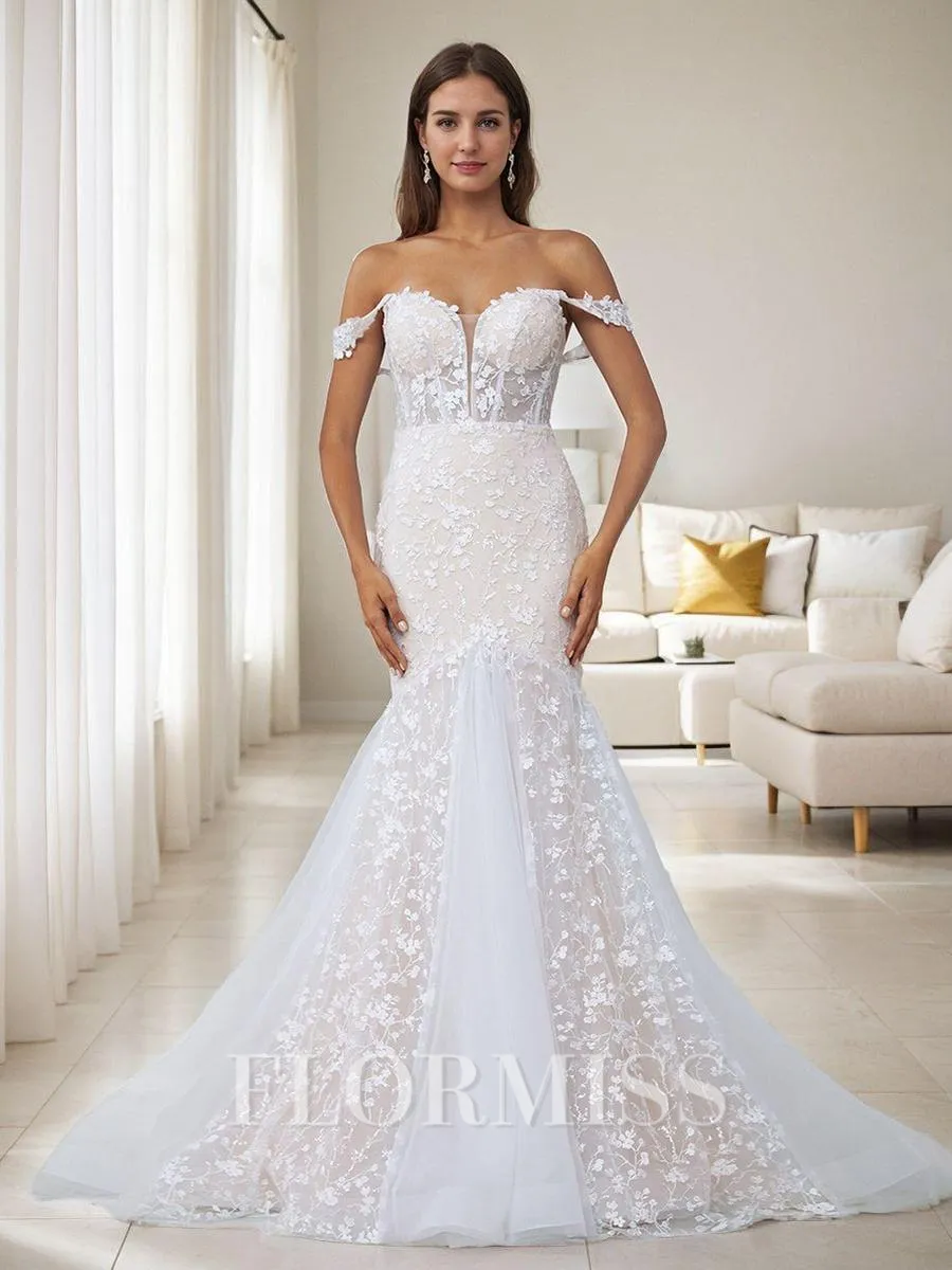 Mermaid Off-the-Shoulder Appliques Lace Cathedral Train Tulle Corset Wedding Dress