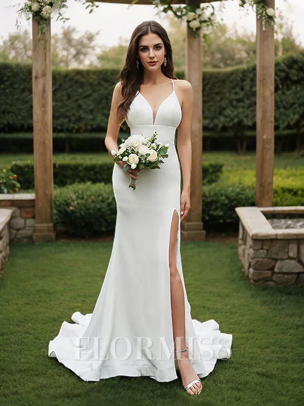 Sheath/Column Satin Ruffles Halter Sleeveless Sweep Train Wedding Dresses
