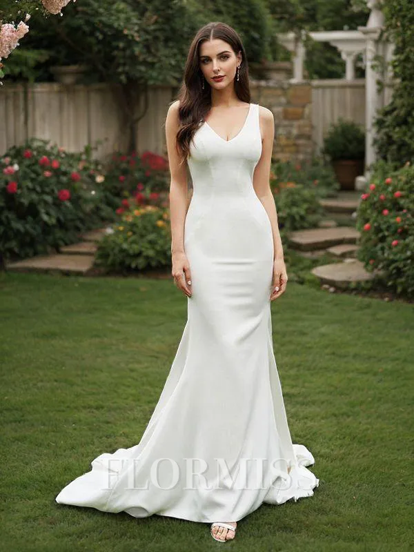 Sheath/Column Sleeveless Satin V-neck Ruffles Sweep Train Wedding Dresses