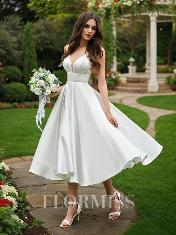 A-Line/Princess Ruffles V-neck Sleeveless Satin Tea-Length Wedding Dresses