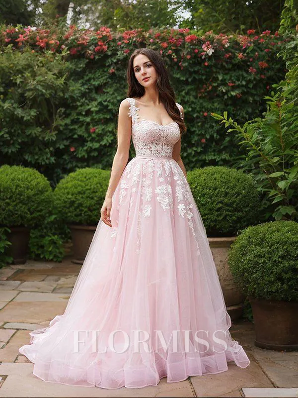 A-Line/Princess Tulle Applique Straps Sleeveless Sweep Train Wedding Dresses