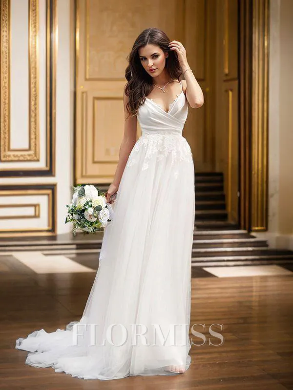 A-Line/Princess V-neck Tulle Sleeveless Applique Sweep Train Wedding Dresses