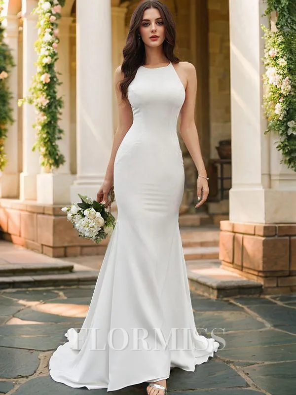 Trumpet/Mermaid Scoop Ruched Satin Sleeveless Sweep Train Wedding Dresses