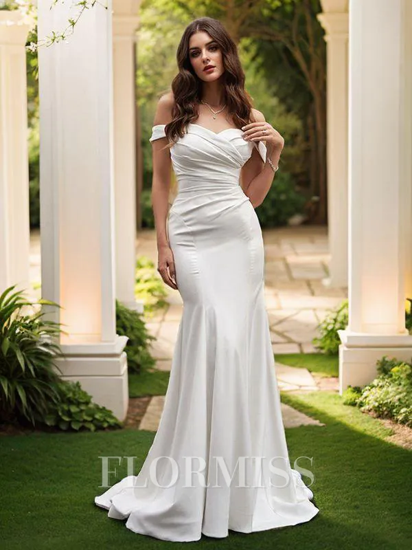 Trumpet/Mermaid Satin Off-the-Shoulder Ruched Sleeveless Sweep Train Wedding Dresses