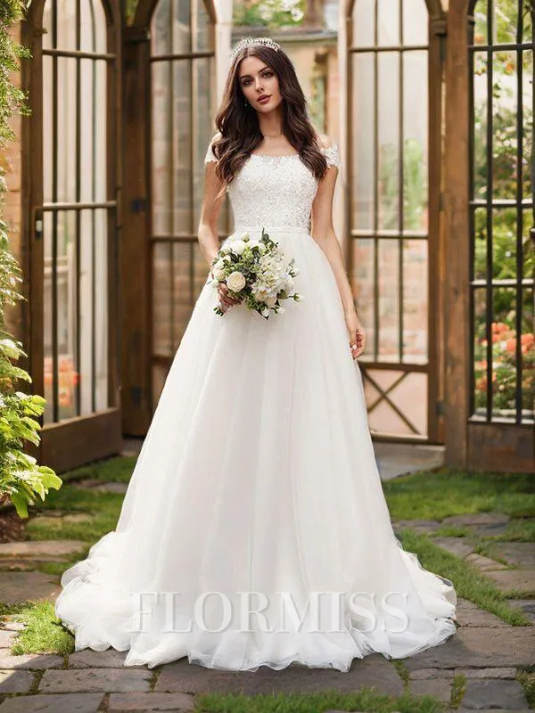 A-Line/Princess Applique Off-the-Shoulder Sleeveless Tulle Court Train Wedding Dresses