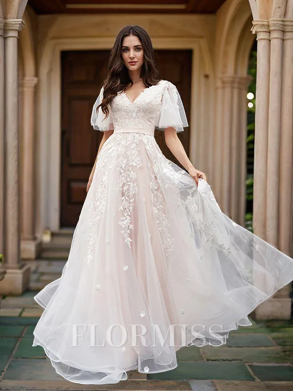 A-Line/Princess Tulle Applique V-neck 1/2 Sleeves Court Train Wedding Dresses