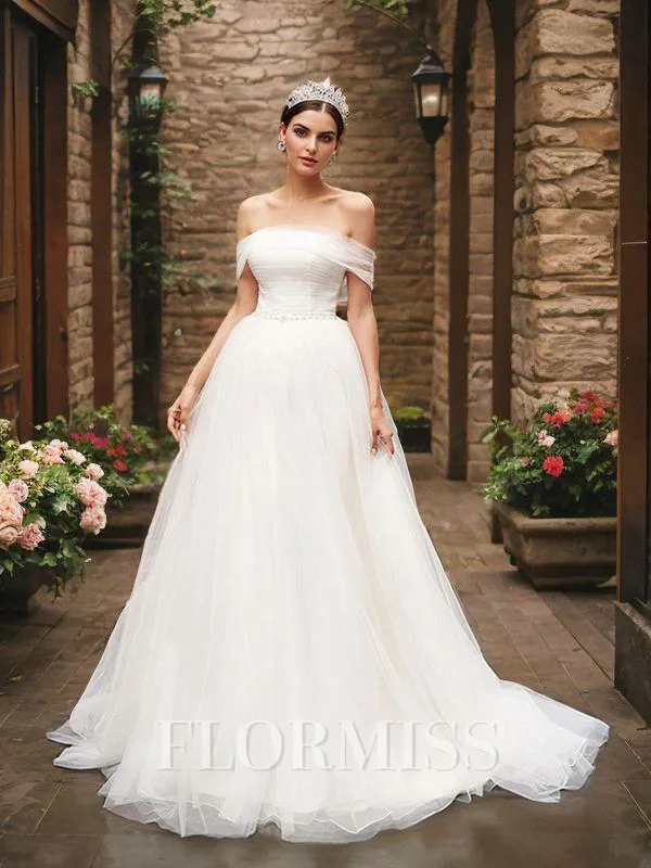 A-Line/Princess Tulle Sleeveless Off-the-Shoulder Ruched Sweep Train Wedding Dresses