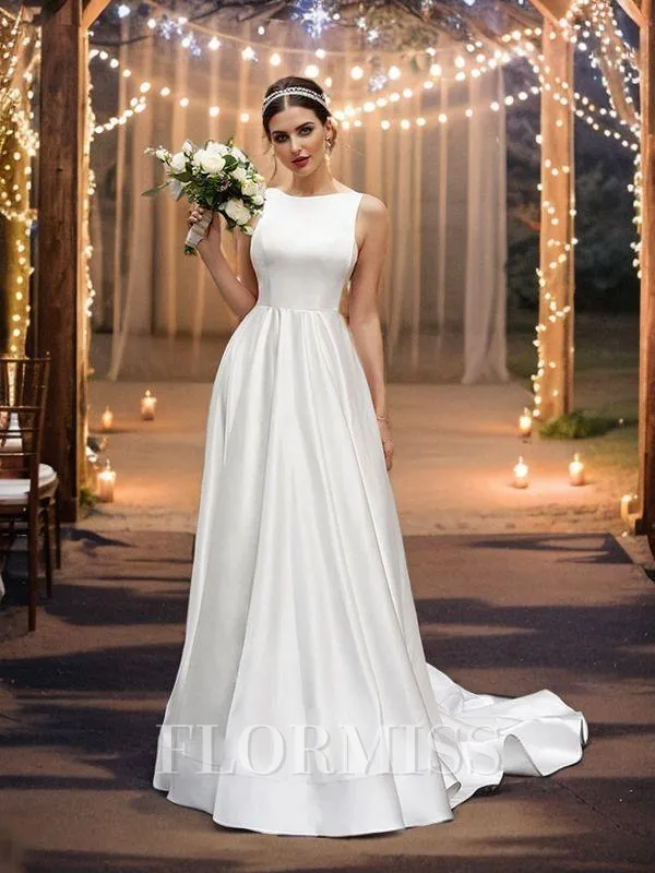 A-Line/Princess Satin Sleeveless Scoop Ruffles Sweep Train Wedding Dresses