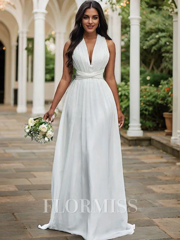 A-Line/Princess Chiffon Halter Ruched Sleeveless Floor-Length Wedding Dresses