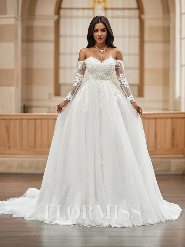 A-Line/Princess Tulle Applique Off-the-Shoulder Long Sleeves Sweep Train Wedding Dresses