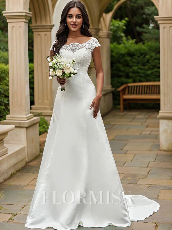A-Line/Princess Scoop Satin Lace Sleeveless Sweep Train Wedding Dresses