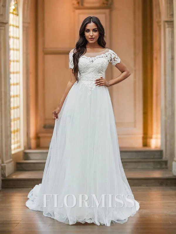 A-Line/Princess Scoop Tulle Applique Short Sleeves Sweep Train Wedding Dresses