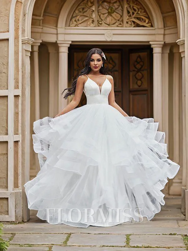 A-Line/Princess Tulle V-neck Ruffles Sleeveless Floor-Length Wedding Dresses