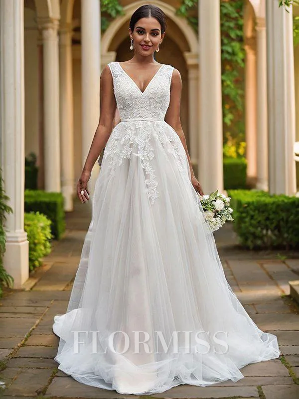 A-Line/Princess V-neck Tulle Applique Sleeveless Sweep Train Wedding Dresses