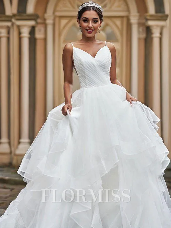 A-Line/Princess Tulle Ruffles Spaghetti Straps Sleeveless Sweep Train Wedding Dresses