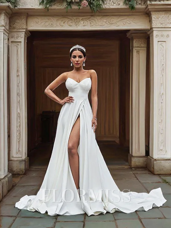A-Line/Princess Satin Ruffles Sleeveless Sweetheart Court Train Wedding Dresses