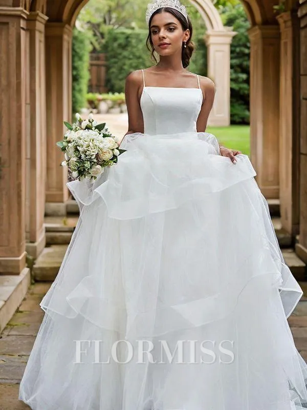 A-Line/Princess Tulle Spaghetti Straps Sleeveless Ruffles Sweep Train Wedding Dresses