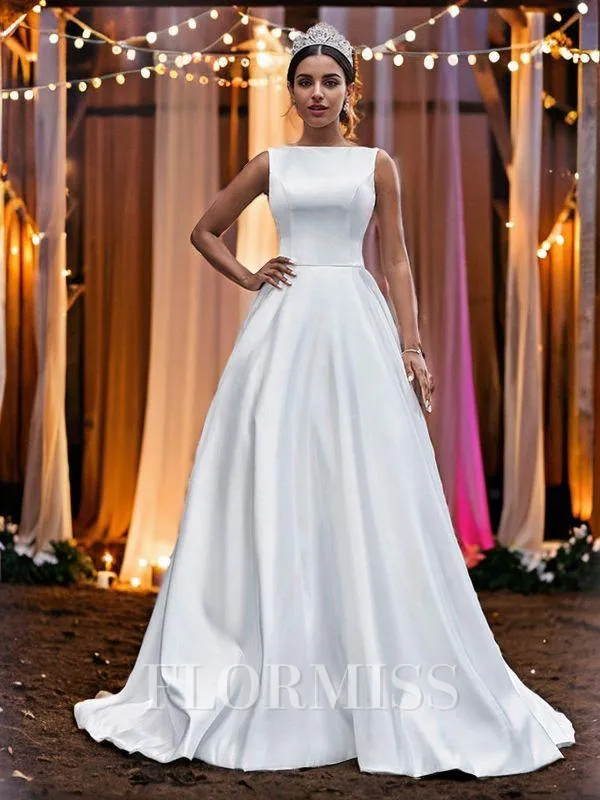 A-Line/Princess Satin Bateau Ruffles Sleeveless Sweep Train Wedding Dresses