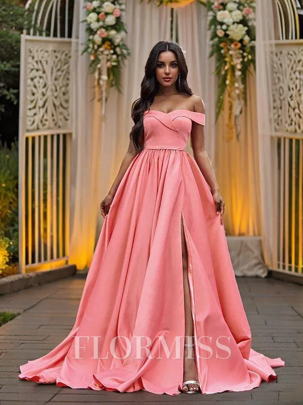 A-Line/Princess Satin Sleeveless Ruffles Off-the-Shoulder Court Train Dresses