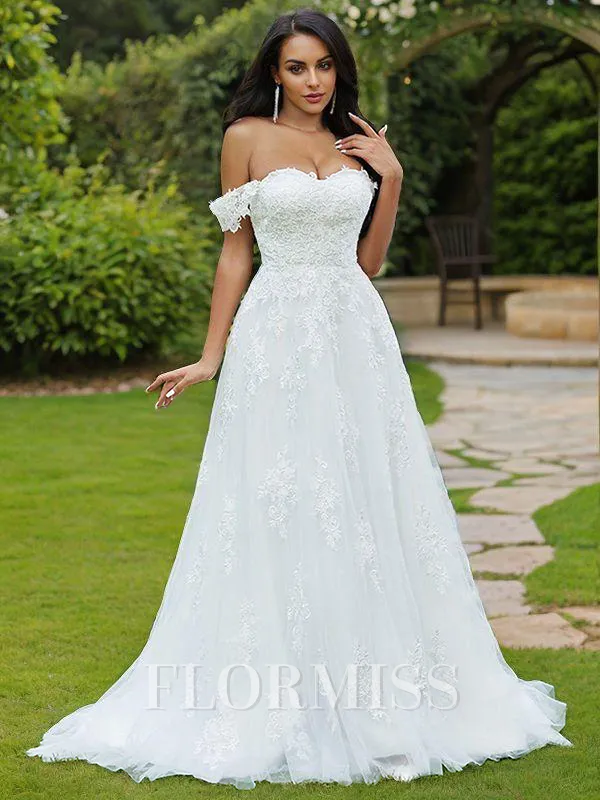A-Line/Princess Lace Applique Off-the-Shoulder Sleeveless Sweep Train Wedding Dresses