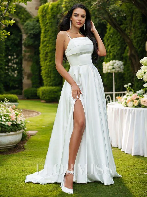 A-Line/Princess Satin Ruffles Spaghetti Straps Sleeveless Sweep Train Wedding Dresses