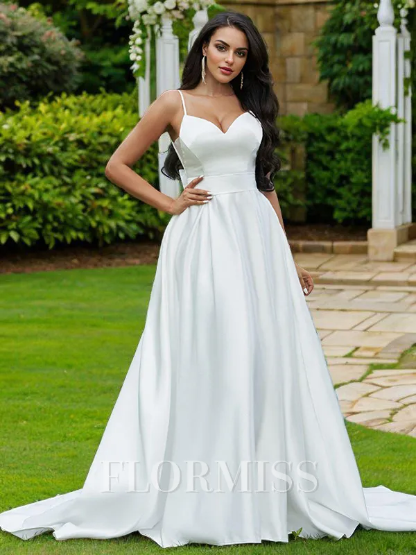 A-Line/Princess Satin Bowknot V-neck Sleeveless Sweep Train Wedding Dresses