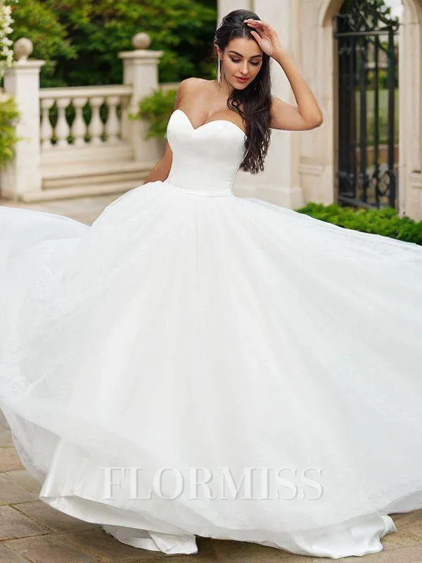 A-Line/Princess Lace Ruffles Sweetheart Sleeveless Sweep Train Wedding Dresses