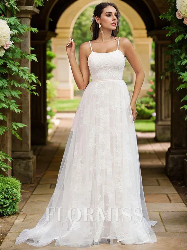 A-Line/Princess Lace Ruffles Spaghetti Straps Sleeveless Sweep Train Wedding Dresses