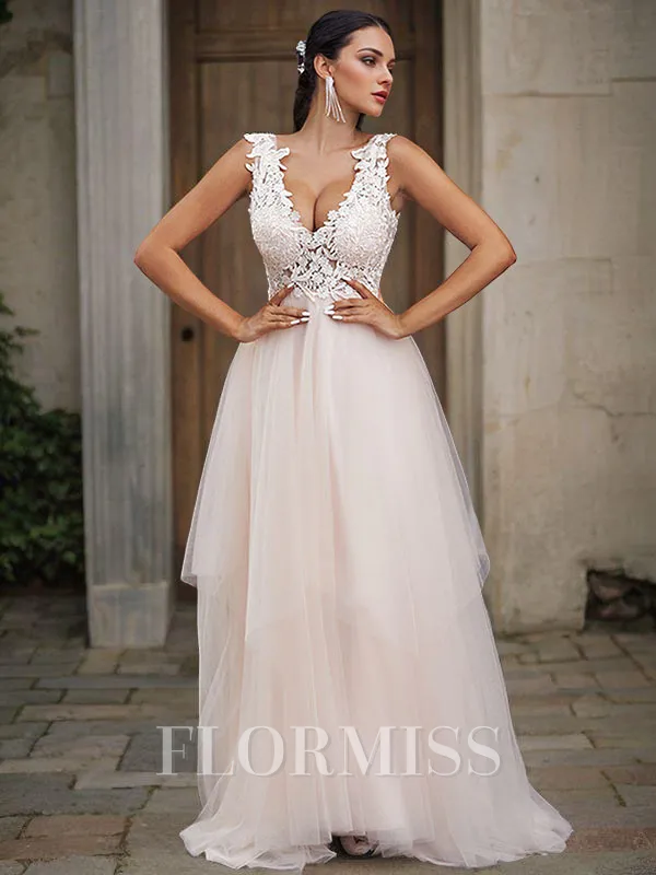 A-Line/Princess Tulle Applique V-neck Sleeveless Sweep Train Wedding Dresses