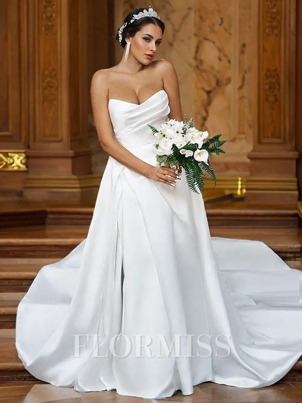 A-Line/Princess Satin Ruffles Sweetheart Sleeveless Sweep Train Wedding Dresses